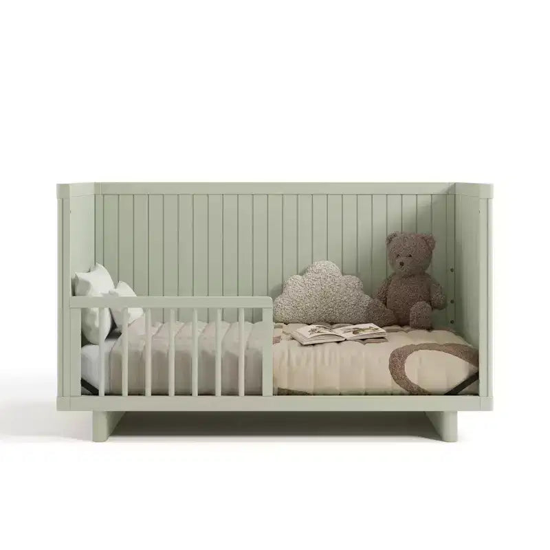 Lettino Convertibile Japandi con Sponda di Protezione per Bambini, 4 Altezze Regolabili, Salvia