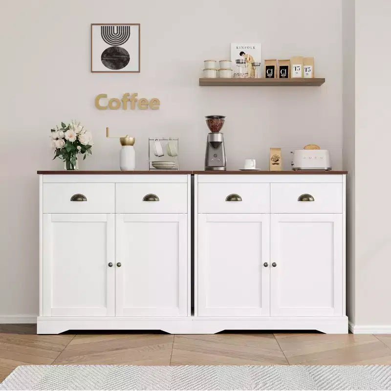 Madia da buffet da fattoria, 2 ante e 2 cassetti, mobile dispensa da cucina per caffè, bianca