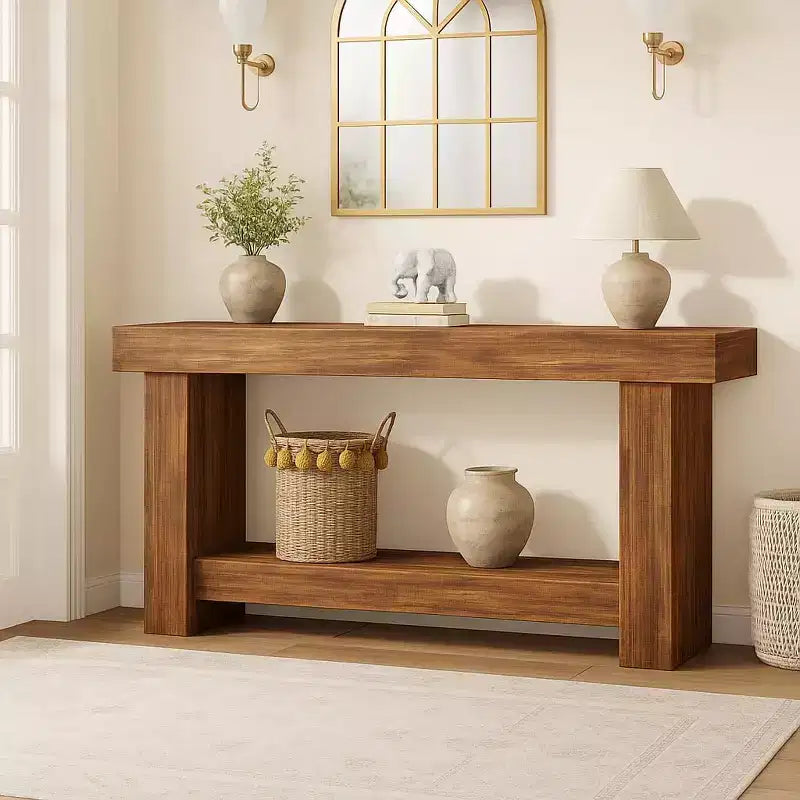 Tavolo console da fattoria da 63", tavolino da divano in legno a 2 ripiani con mensola portaoggetti
