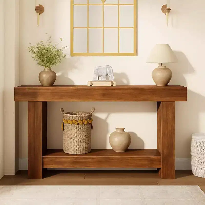 Tavolo console da fattoria da 63", tavolino da divano in legno a 2 ripiani con mensola portaoggetti