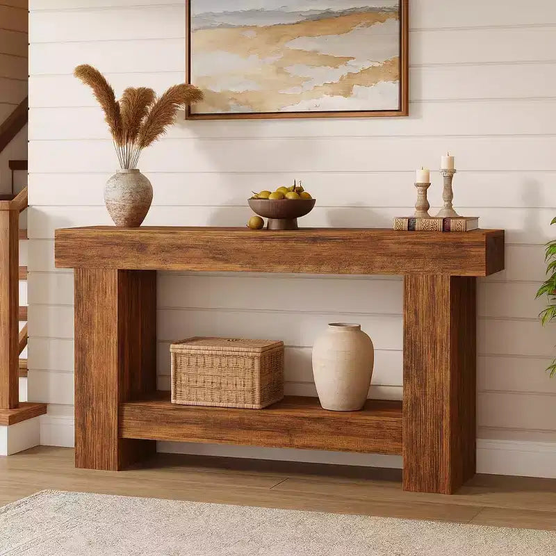 Tavolo console da fattoria da 63", tavolino da divano in legno a 2 ripiani con mensola portaoggetti
