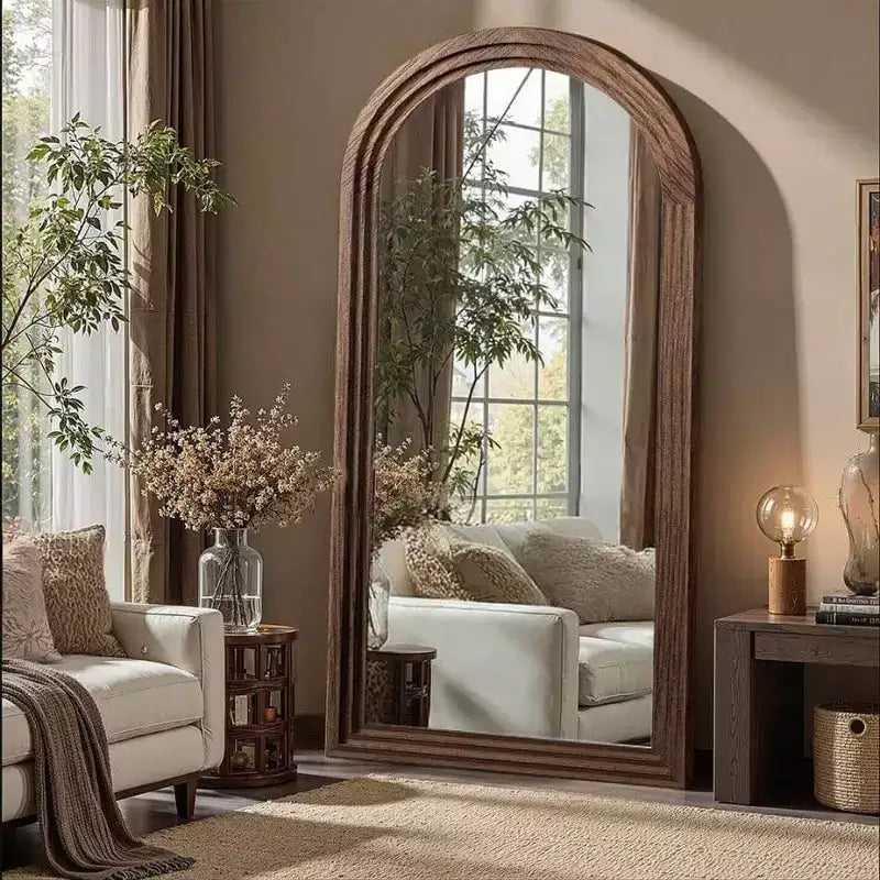 Specchio a figura intera ad arco 55"x24", cornice in legno massello marrone, montaggio a parete o a pavimento