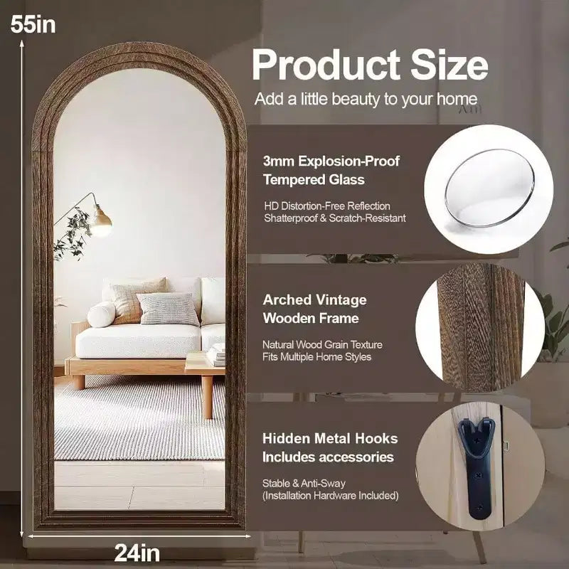 Specchio a figura intera ad arco 55"x24", cornice in legno massello marrone, montaggio a parete o a pavimento
