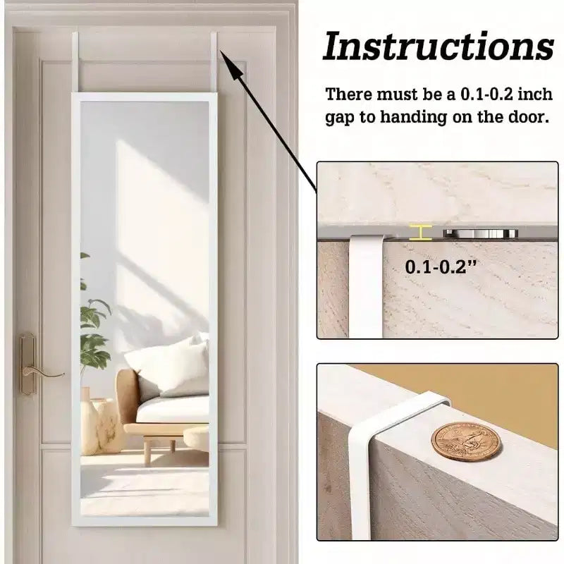 Specchio a figura intera da 48"x16" da appendere alla porta, da parete, 2 ganci in metallo, bianco