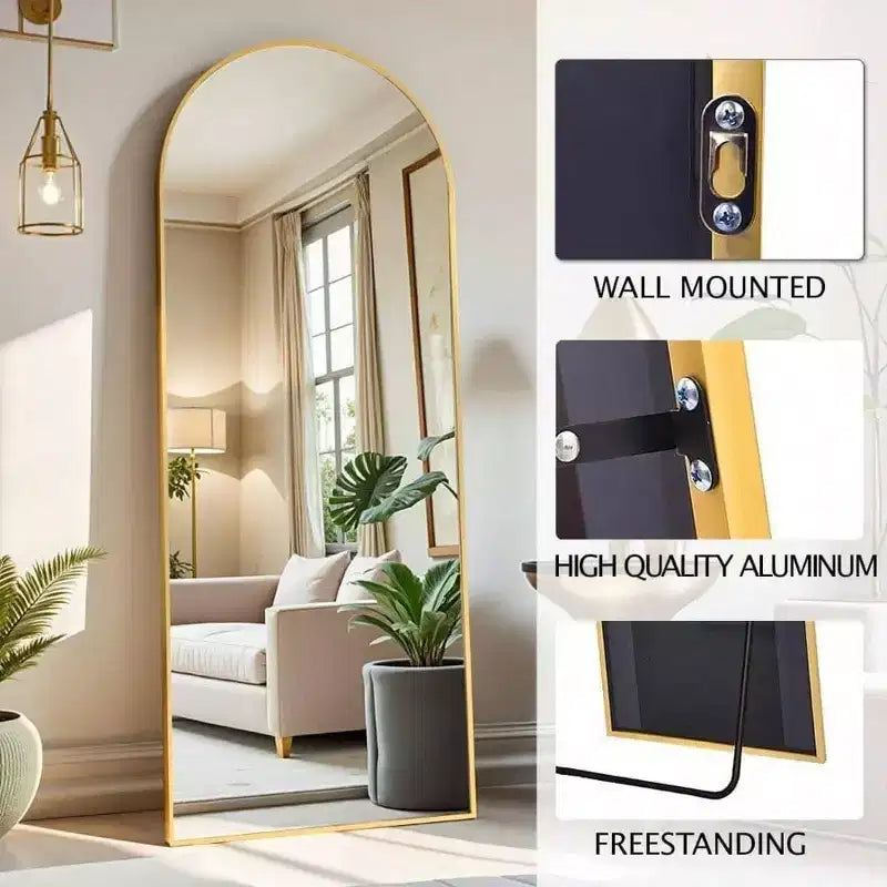 Specchio ad arco a figura intera 58"x18", cornice in alluminio dorato, vetro infrangibile