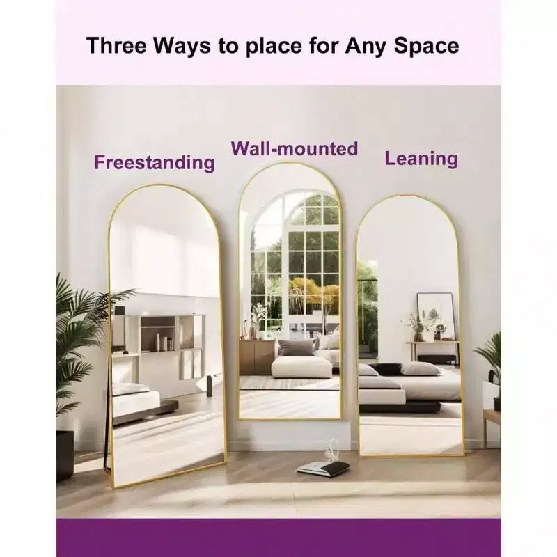 Specchio ad arco a figura intera 58"x18", cornice in alluminio dorato, vetro infrangibile