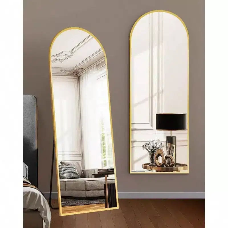Specchio ad arco a figura intera 58"x18", cornice in alluminio dorato, vetro infrangibile