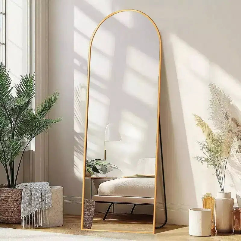 Specchio ad arco a figura intera 58"x18", cornice in alluminio dorato, vetro infrangibile