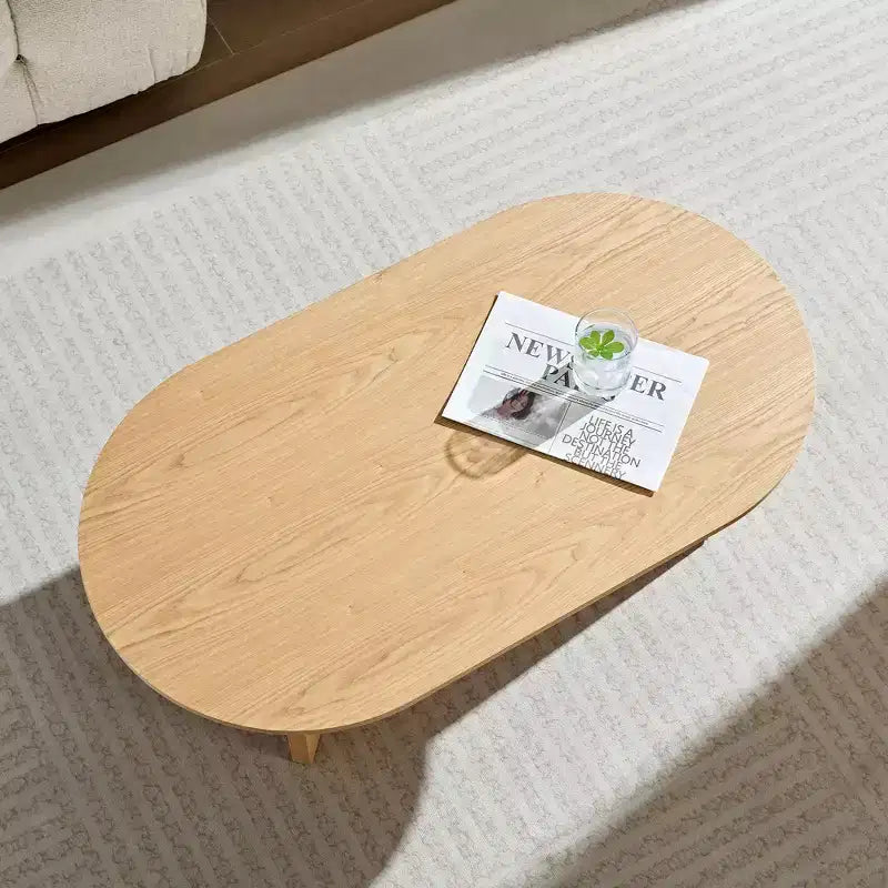 Tavolino da caffè ovale impiallacciato in legno da 39,4" con base in MDF per soggiorno