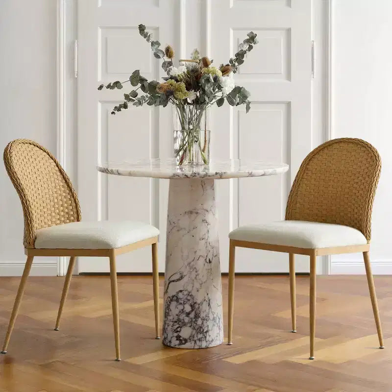 Set di 2/4/6 Sedie da Pranzo in Rattan, Seduta in Lino, Doppio Schienale in Rattan, Gambe in Metallo