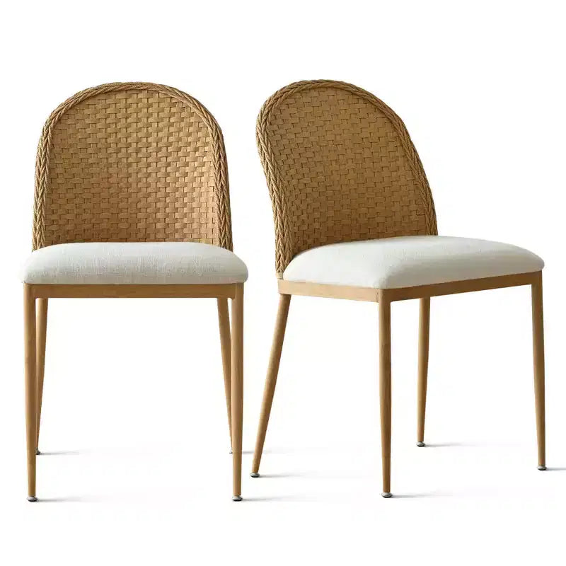 Set di 2/4/6 Sedie da Pranzo in Rattan, Seduta in Lino, Doppio Schienale in Rattan, Gambe in Metallo