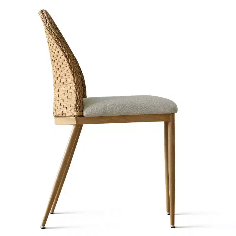 Set di 2/4/6 Sedie da Pranzo in Rattan, Seduta in Lino, Doppio Schienale in Rattan, Gambe in Metallo