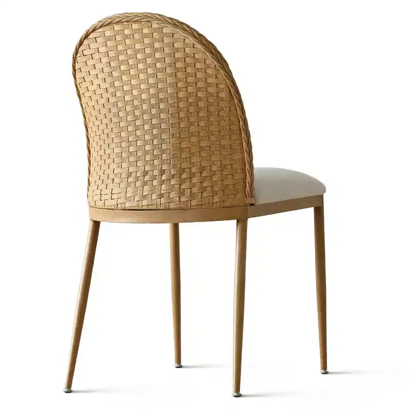 Set di 2/4/6 Sedie da Pranzo in Rattan, Seduta in Lino, Doppio Schienale in Rattan, Gambe in Metallo