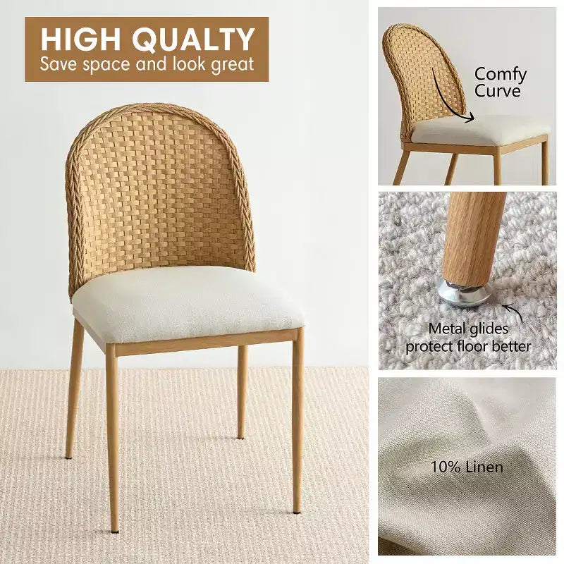 Set di 2/4/6 Sedie da Pranzo in Rattan, Seduta in Lino, Doppio Schienale in Rattan, Gambe in Metallo