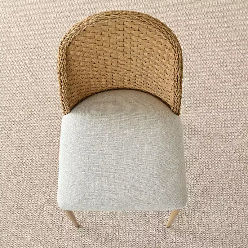 Set di 2/4/6 Sedie da Pranzo in Rattan, Seduta in Lino, Doppio Schienale in Rattan, Gambe in Metallo
