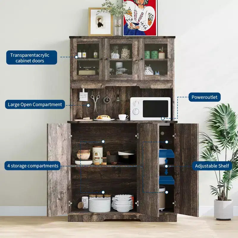 Dispensa da Cucina Coloniale da 177 cm con Presa di Corrente e Ante in Acrilico, Marrone