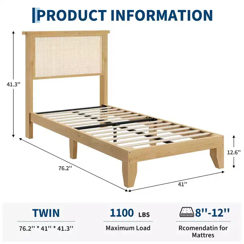 Struttura letto matrimoniale bohémien in rattan con testiera naturale e luci LED