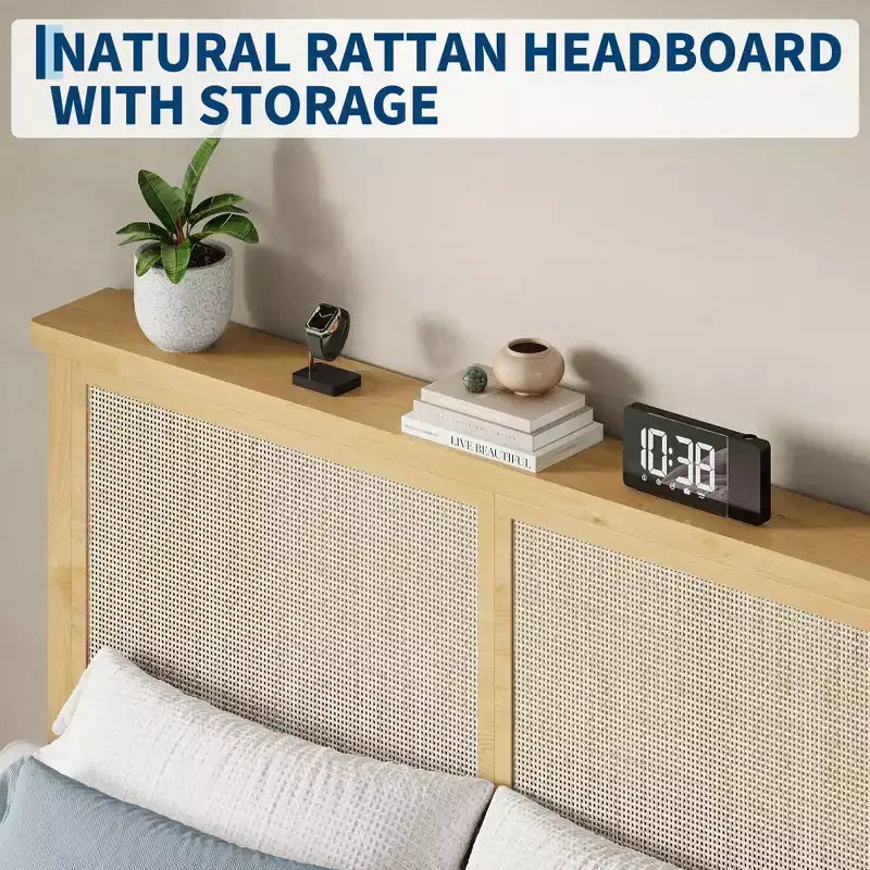 Struttura letto matrimoniale bohémien in rattan con testiera naturale e luci LED