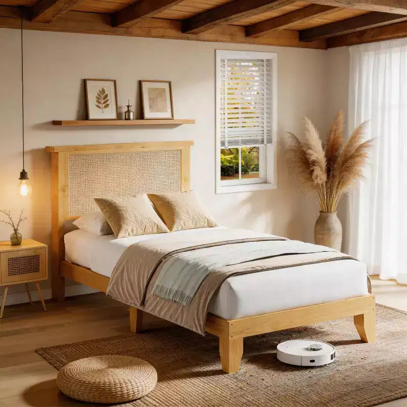 Struttura letto matrimoniale bohémien in rattan con testiera naturale e luci LED