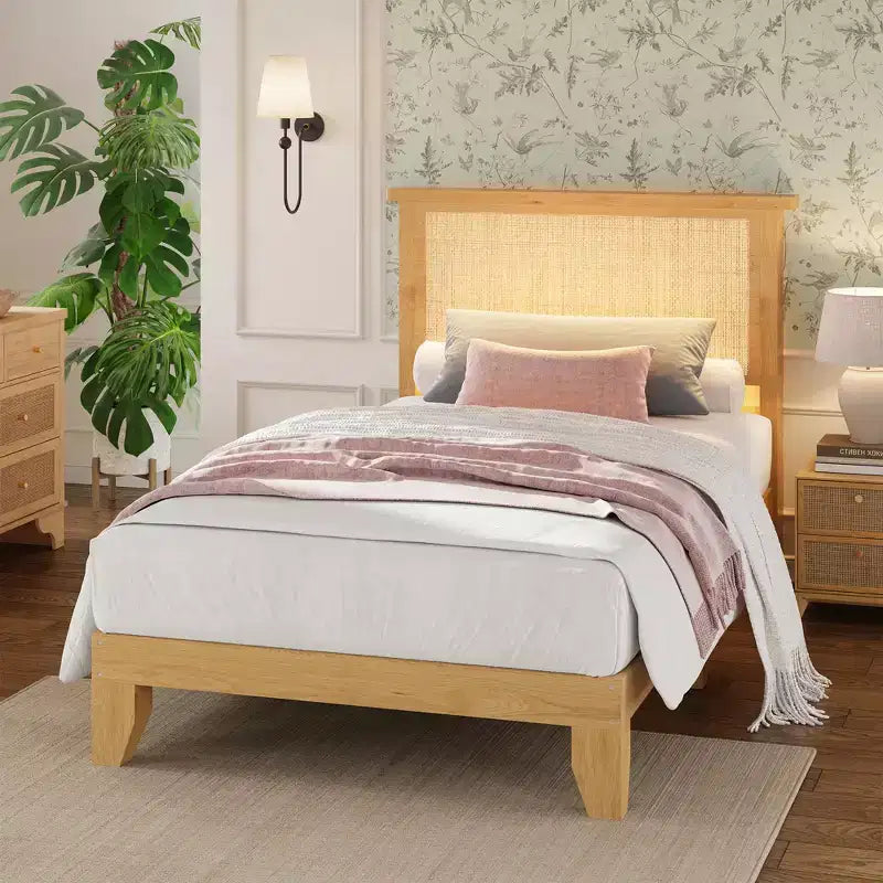 Struttura letto matrimoniale bohémien in rattan con testiera naturale e luci LED