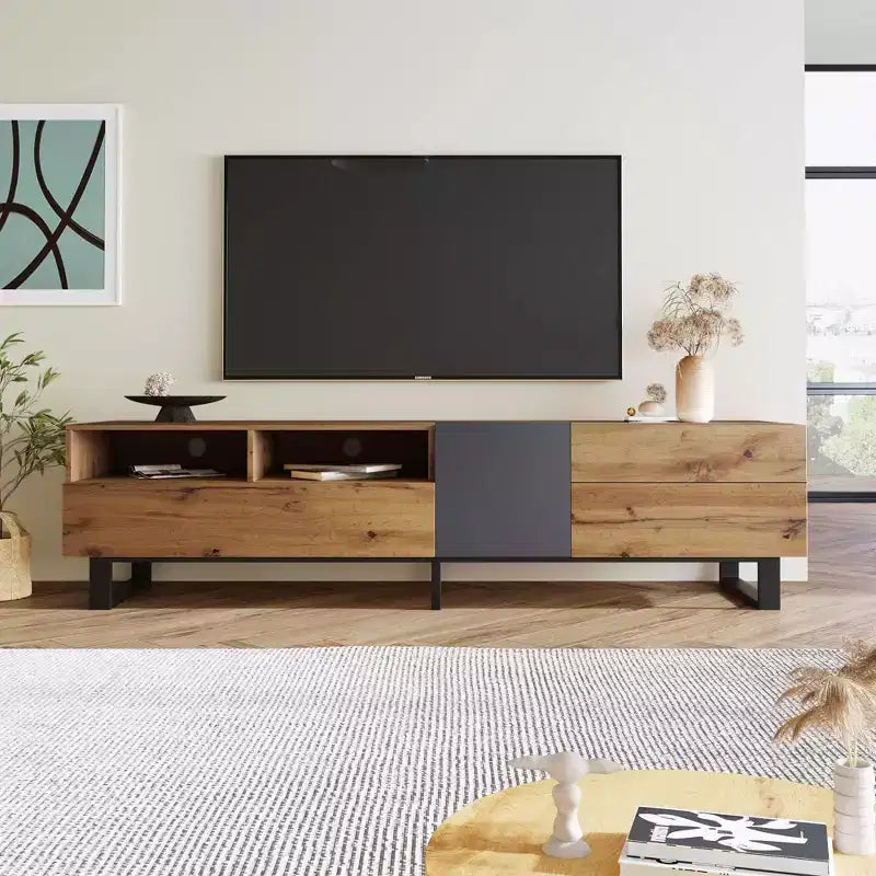 Mobile TV per TV fino a 80", doppio scomparto, anta a ribalta, marrone