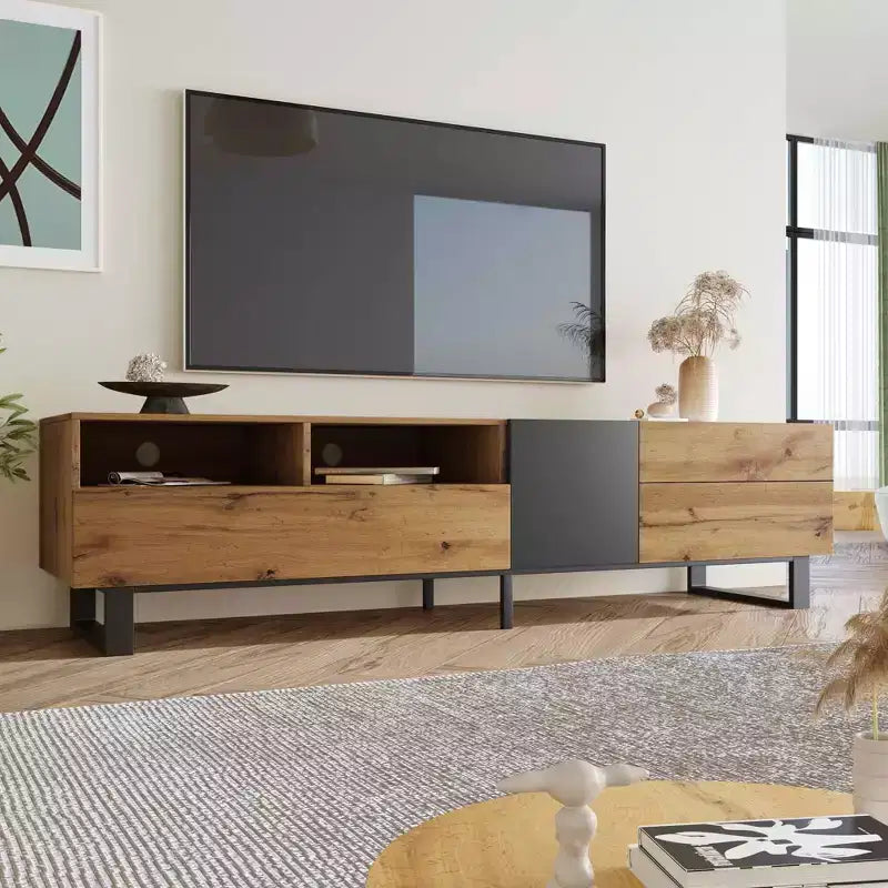 Mobile TV per TV fino a 80", doppio scomparto, anta a ribalta, marrone