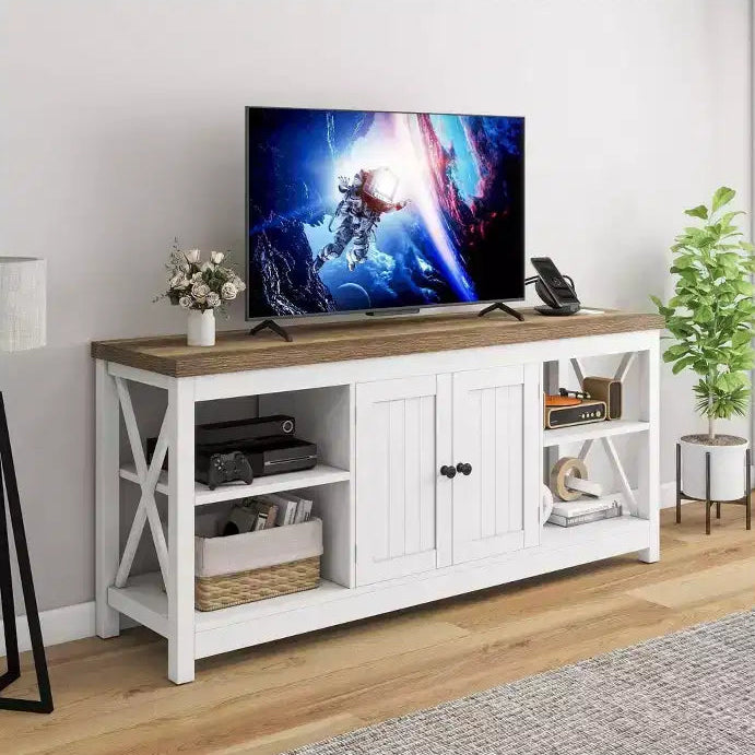 TV Stand up to 65 Inches with Power Outlets, Farmhouse Entertainment Center Cabinet with Storage Shelves for Living Room,White &Grey Wash