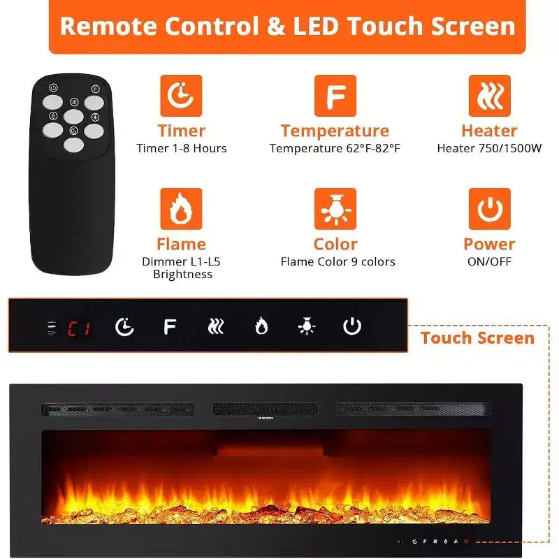 Caminetto elettrico da 60" da parete o da incasso, 1500W, 12 colori fiamma