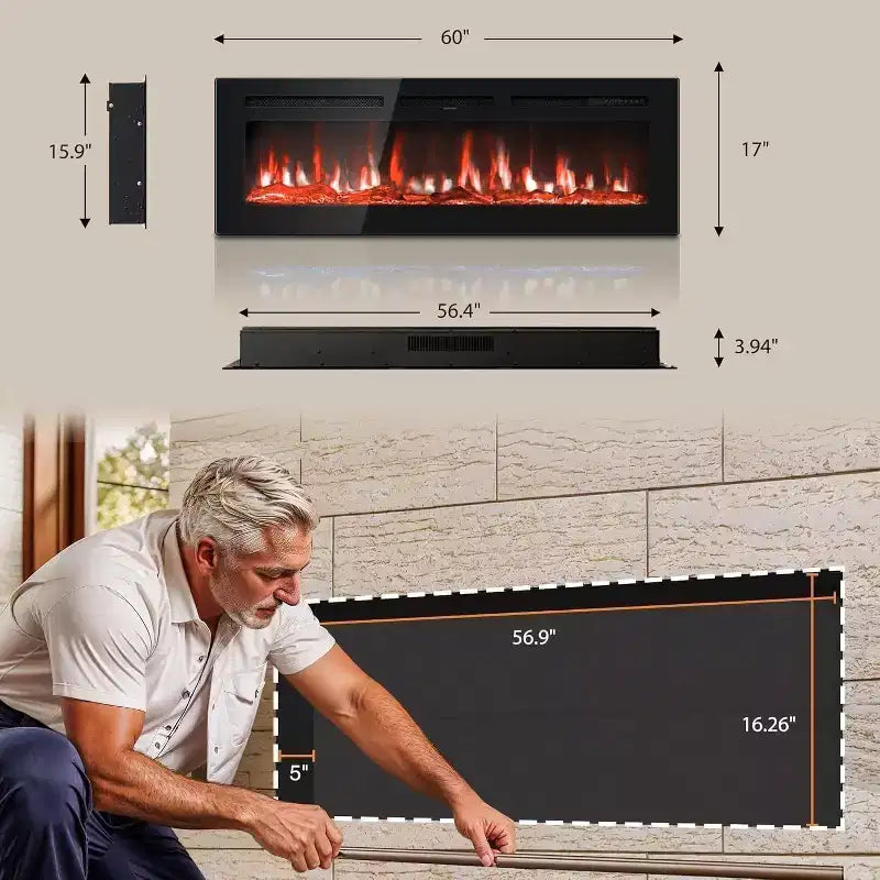 Caminetto elettrico da 60" da parete o da incasso, 1500W, 12 colori fiamma