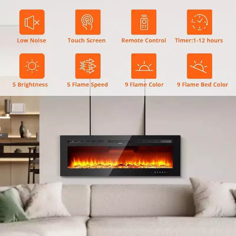 Caminetto elettrico da 60" da parete o da incasso, 1500W, 12 colori fiamma