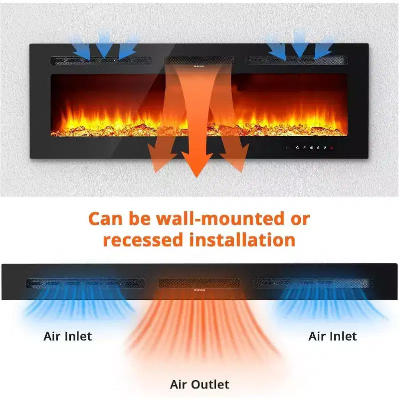 Caminetto elettrico da 60" da parete o da incasso, 1500W, 12 colori fiamma