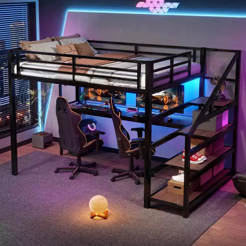 Letto a soppalco in metallo matrimoniale/queen con scrivania, luci a LED, porte USB e scale con contenitore