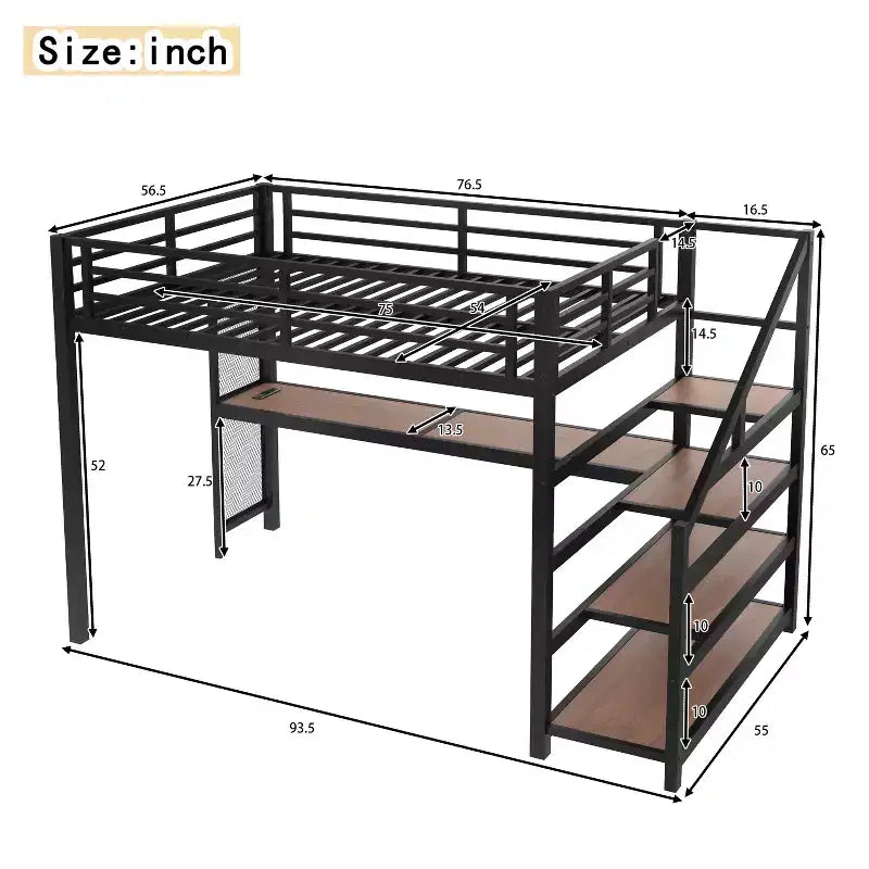 Letto a soppalco in metallo matrimoniale/queen con scrivania, luci a LED, porte USB e scale con contenitore
