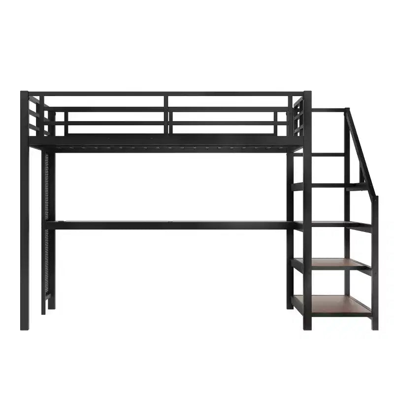Letto a soppalco in metallo matrimoniale/queen con scrivania, luci a LED, porte USB e scale con contenitore