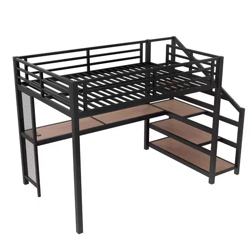 Letto a soppalco in metallo matrimoniale/queen con scrivania, luci a LED, porte USB e scale con contenitore