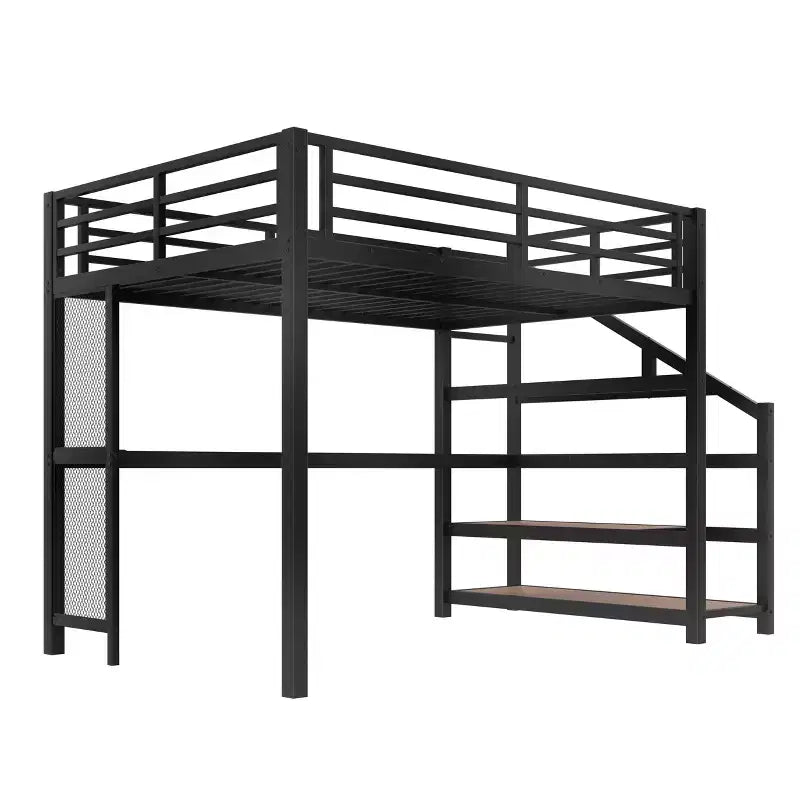 Letto a soppalco in metallo matrimoniale/queen con scrivania, luci a LED, porte USB e scale con contenitore