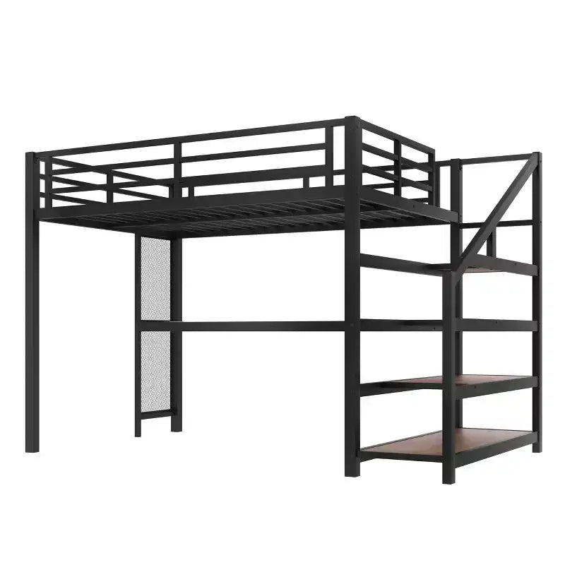 Letto a soppalco in metallo matrimoniale/queen con scrivania, luci a LED, porte USB e scale con contenitore