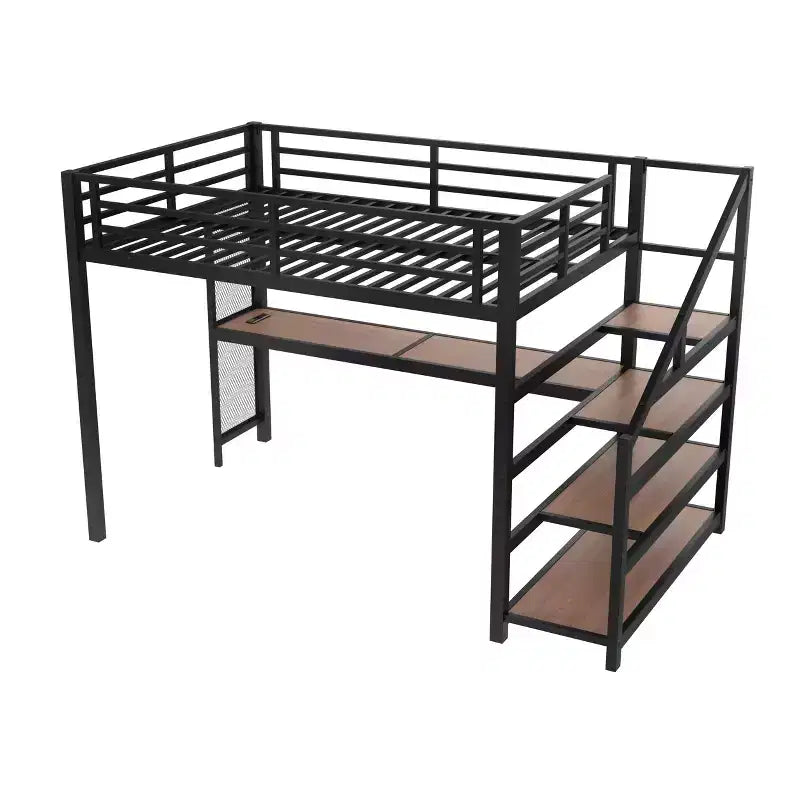 Letto a soppalco in metallo matrimoniale/queen con scrivania, luci a LED, porte USB e scale con contenitore