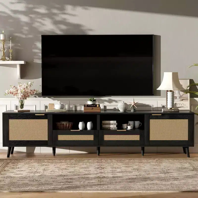 Mobile TV in Rattan per TV fino a 85", Consolle Multimediale Stile Farmhouse con Piedini in Legno Massello