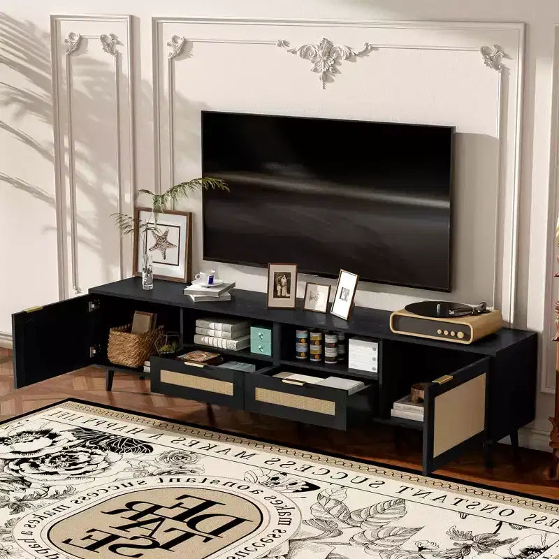 Mobile TV in Rattan per TV fino a 85", Consolle Multimediale Stile Farmhouse con Piedini in Legno Massello