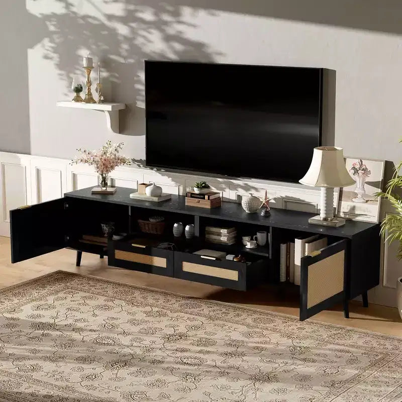Mobile TV in Rattan per TV fino a 85", Consolle Multimediale Stile Farmhouse con Piedini in Legno Massello