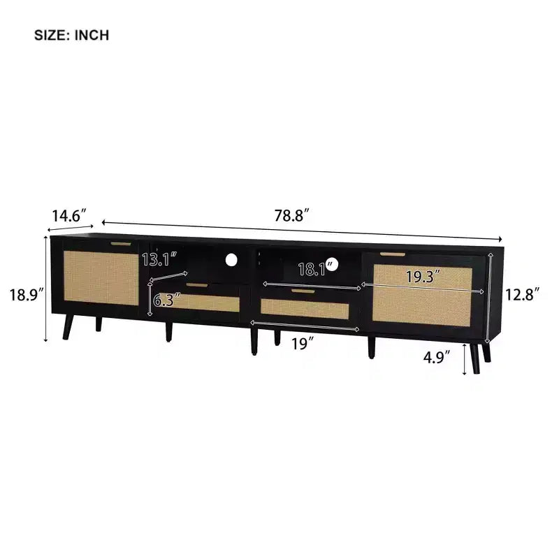 Mobile TV in Rattan per TV fino a 85", Consolle Multimediale Stile Farmhouse con Piedini in Legno Massello