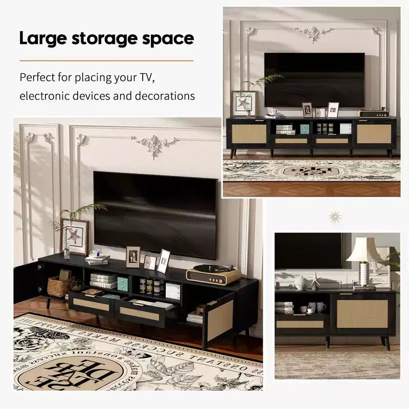 Mobile TV in Rattan per TV fino a 85", Consolle Multimediale Stile Farmhouse con Piedini in Legno Massello