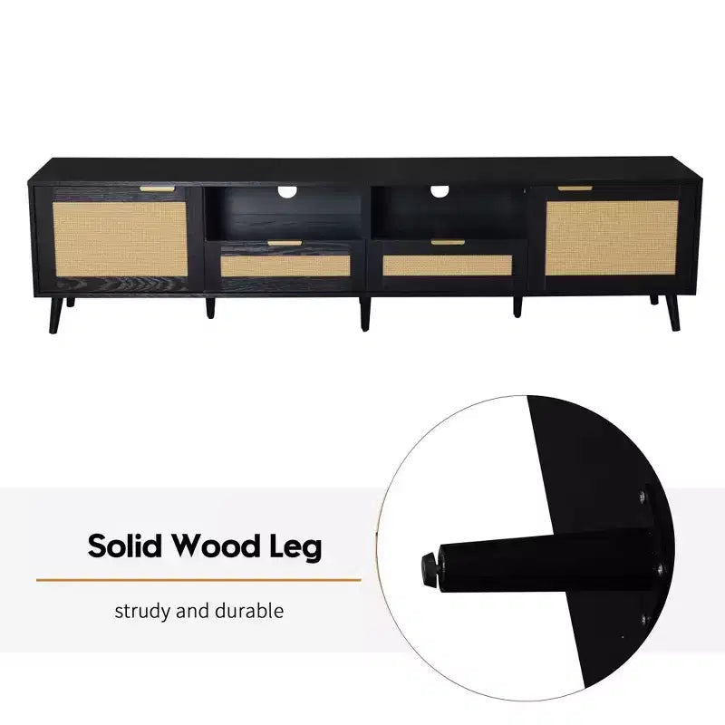 Mobile TV in Rattan per TV fino a 85", Consolle Multimediale Stile Farmhouse con Piedini in Legno Massello