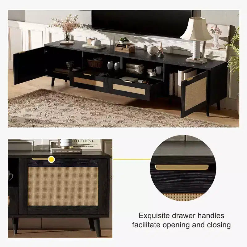 Mobile TV in Rattan per TV fino a 85", Consolle Multimediale Stile Farmhouse con Piedini in Legno Massello