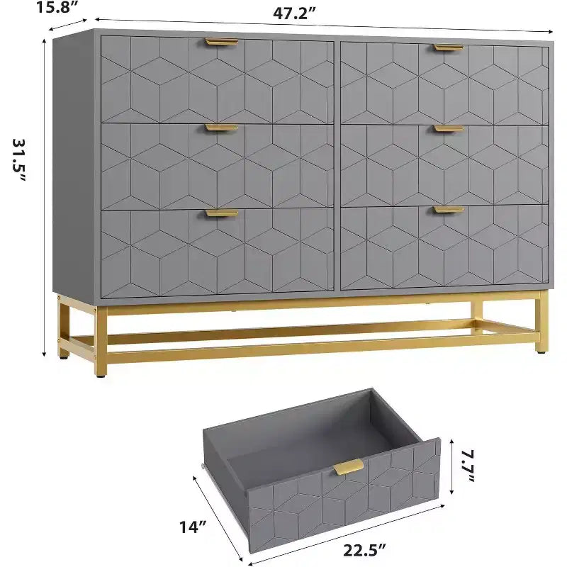 Comò a 6 cassetti con design geometrico, dettagli dorati e ripiano a vista