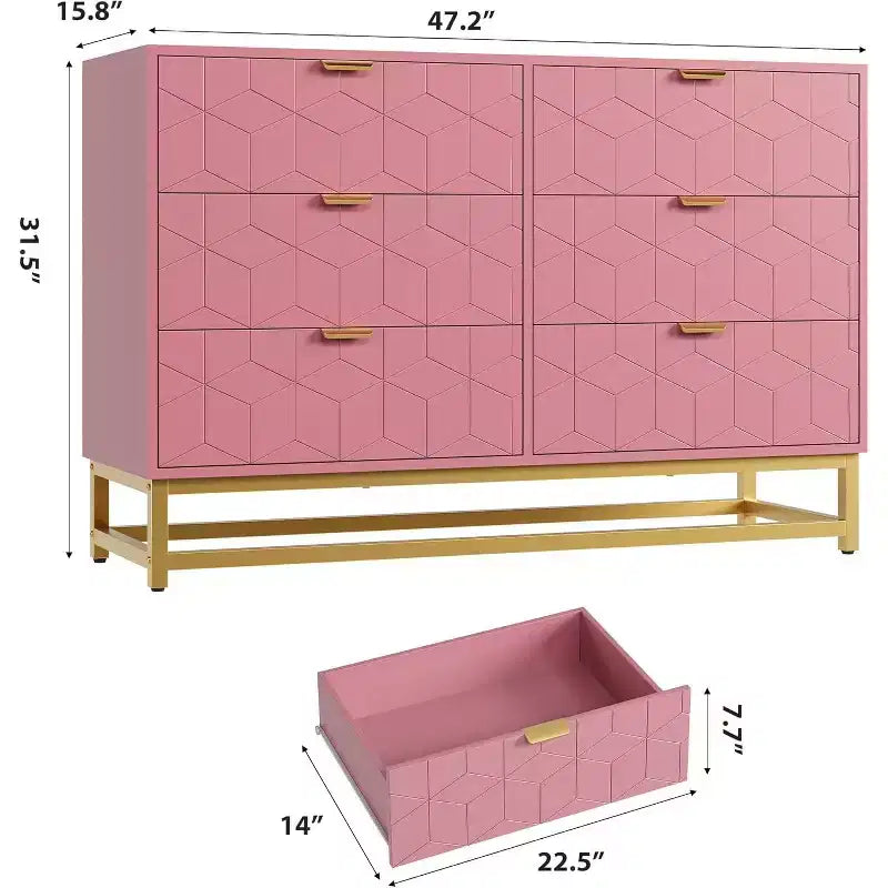 Comò a 6 cassetti con design geometrico, dettagli dorati e ripiano a vista