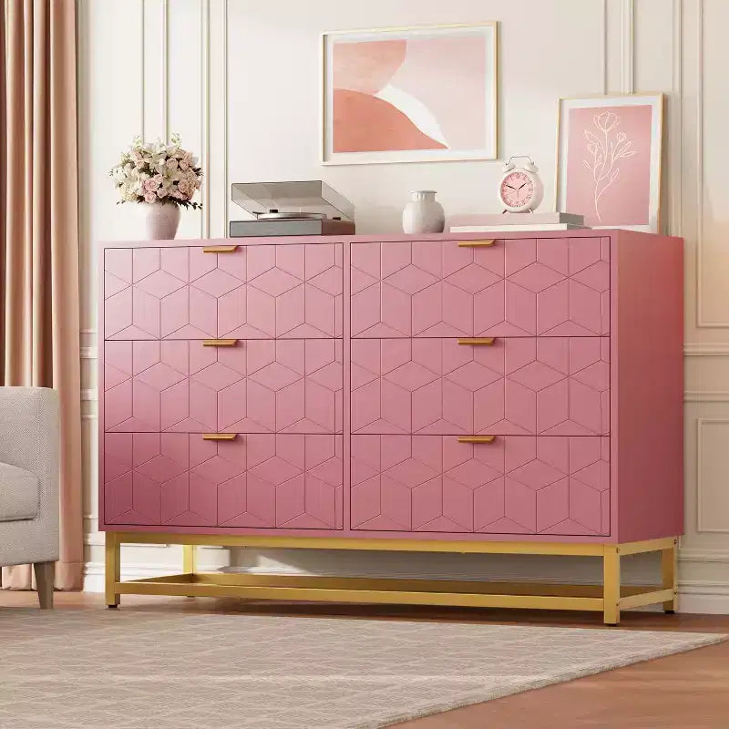 Comò a 6 cassetti con design geometrico, dettagli dorati e ripiano a vista