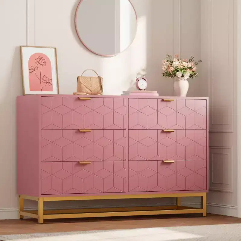 Comò a 6 cassetti con design geometrico, dettagli dorati e ripiano a vista