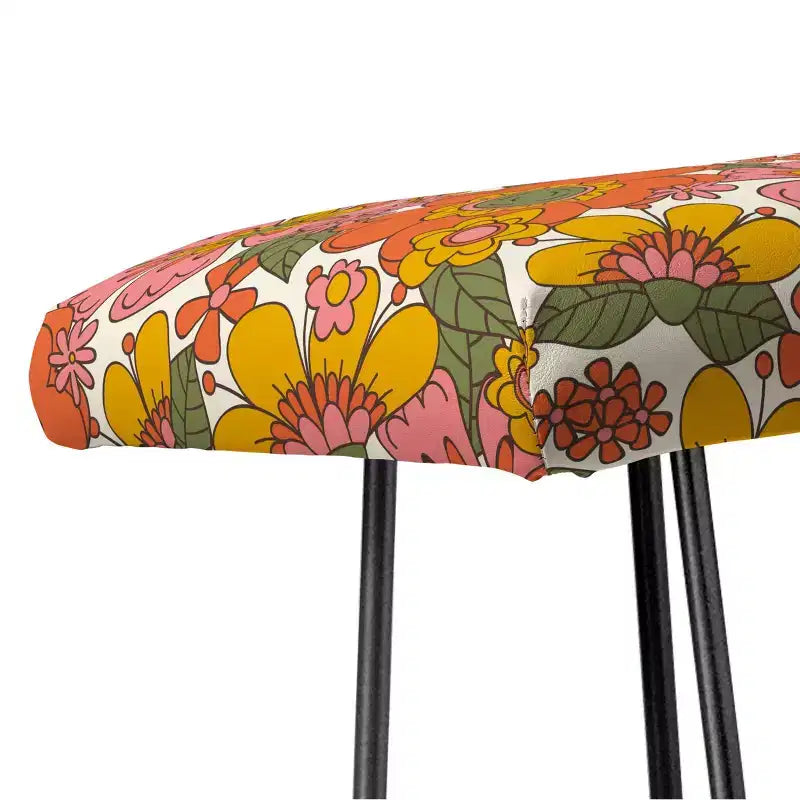 Panca Retro con Stampa Artistica Primaverile, Similpelle, Gambe in Acciaio, Arancione/Rosa/Nero